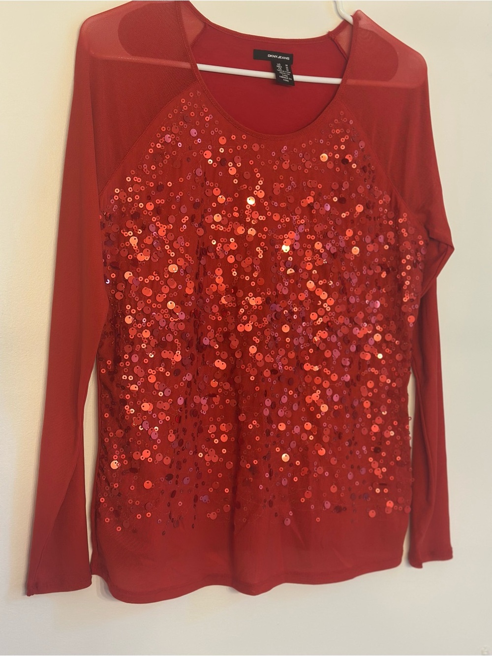 DKNY Jeans Red Sequin Mesh Long Sleeve Top Women’s Medium